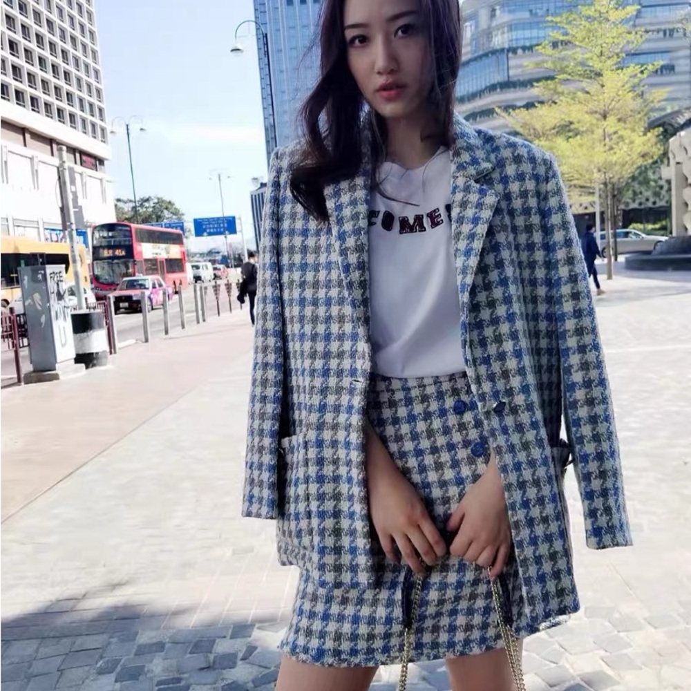 Sandro Blue and White Houndstooth Blazer and Skirt Set